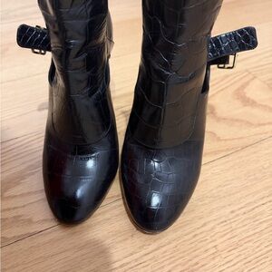 Salvatore Ferragamo Black Croc-Embossed Leather Heeled Ankle Boots